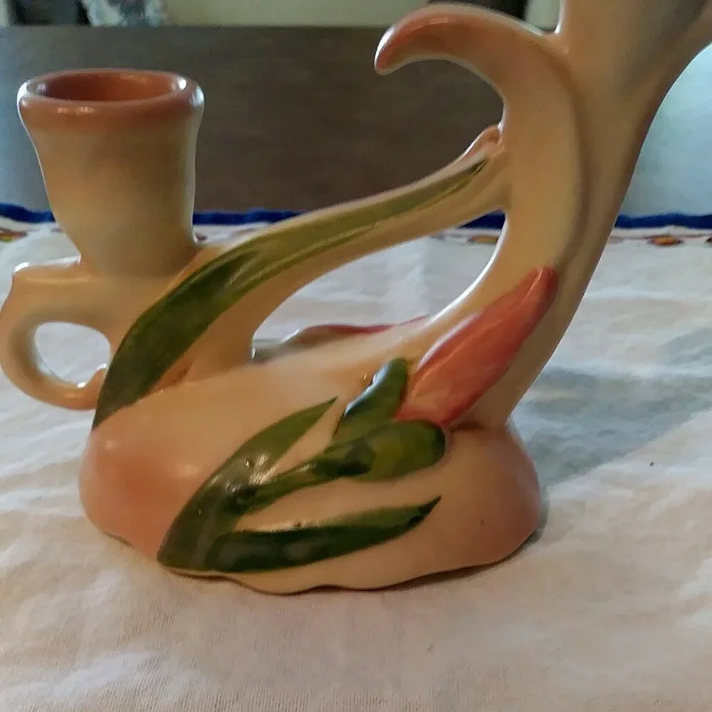 Vintage 1930s Camark Pottery Twin Candle Holder – Pink Iris Floral Art Deco US